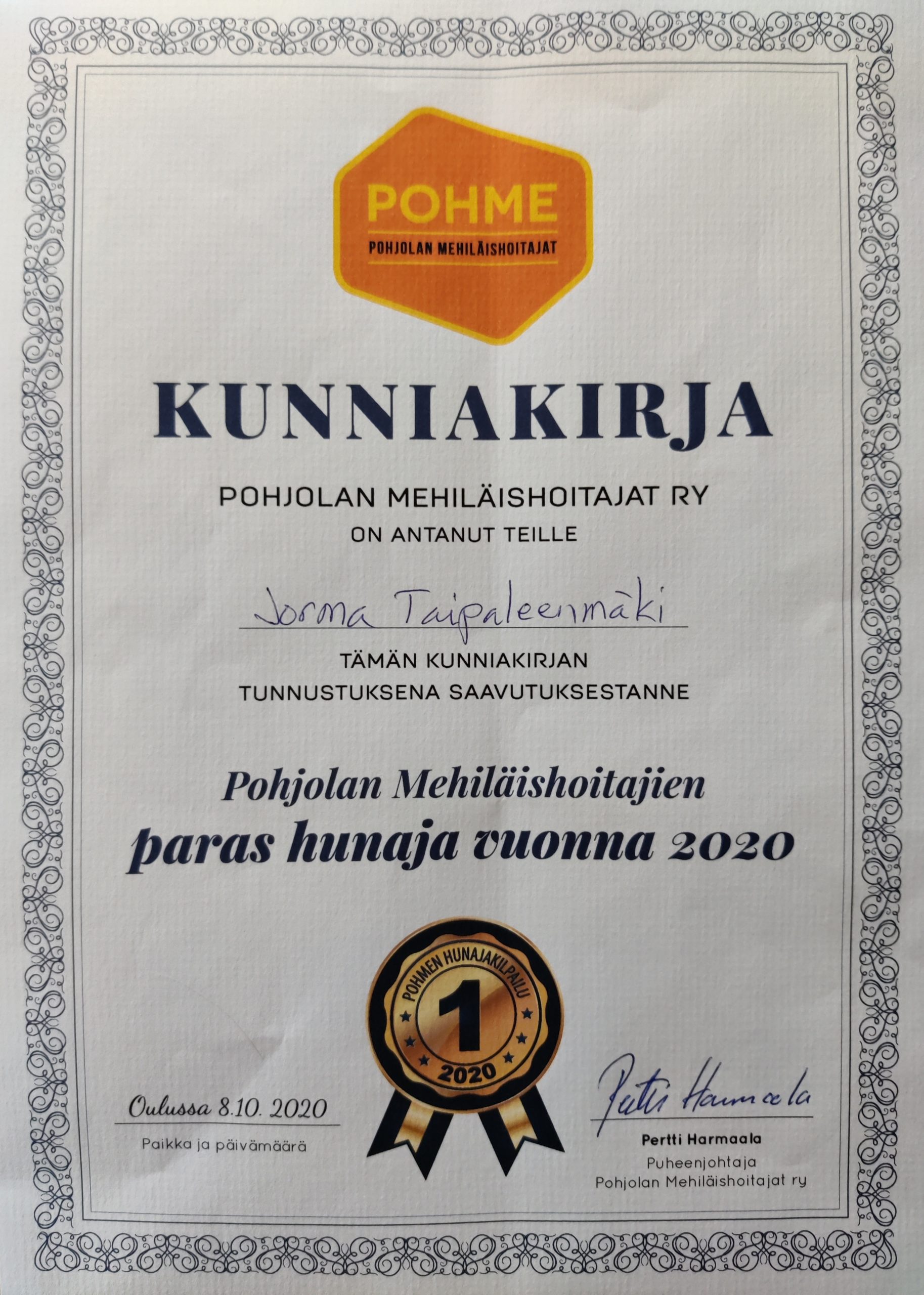 Pohjolan mehiläishoitajien paikallisyhdistyksen kilpailun voittajahunaja 2020 Jorma Taipaleenmäki